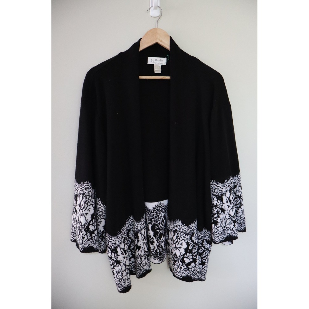 Vintage Floral Gothic CJ Banks Cardigan 1X Black White Intarsia Open Sweater